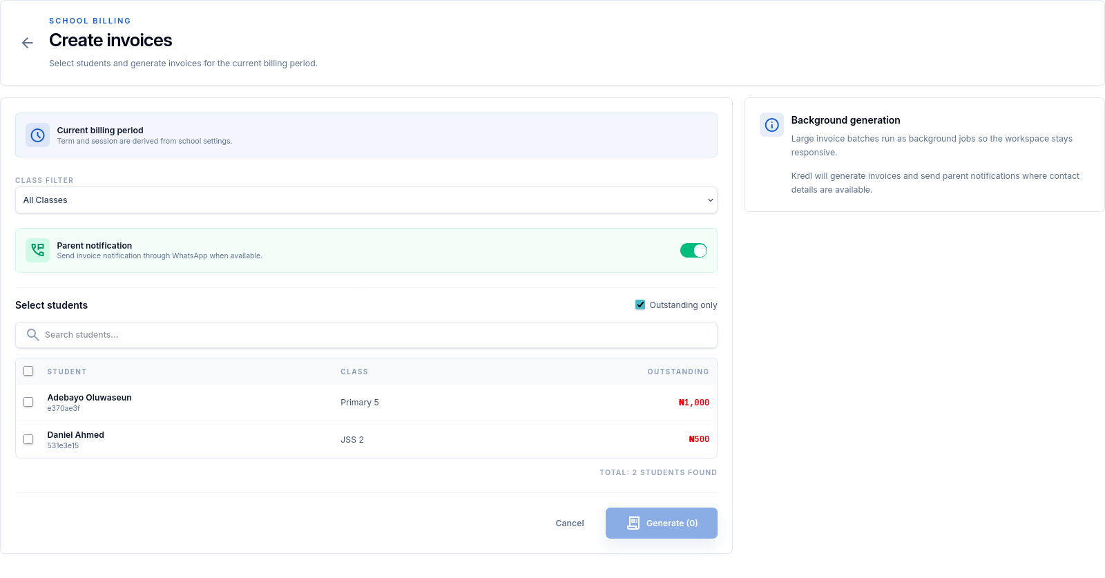 Kredl create invoice flow