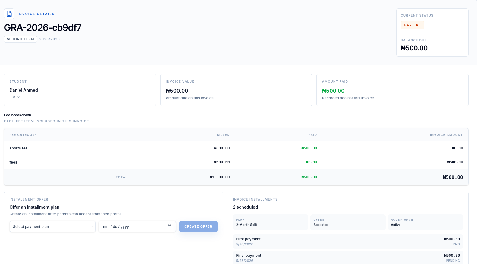 Kredl invoice detail view