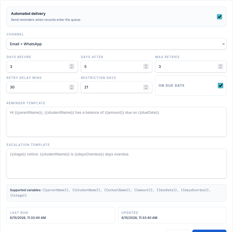 Kredl reminder cadence settings