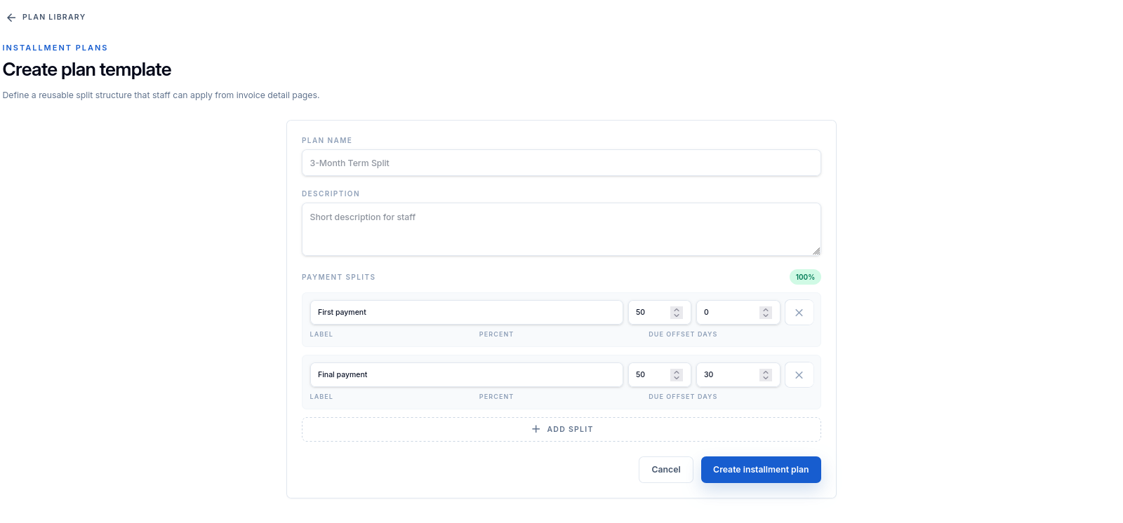 Kredl create payment plan screen