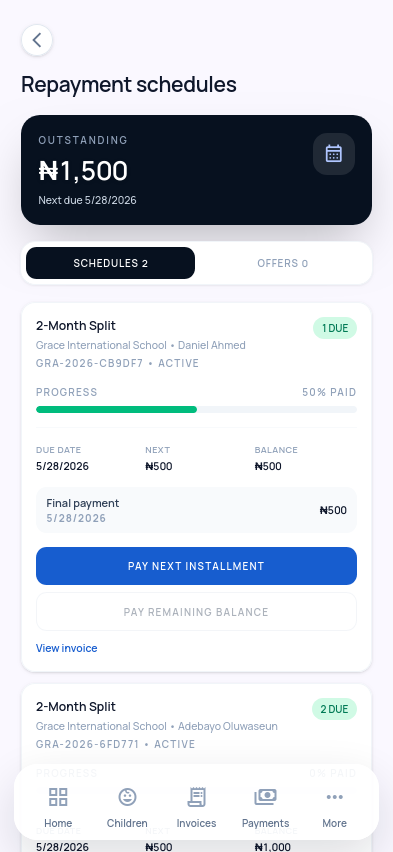 Parent installment plan screen